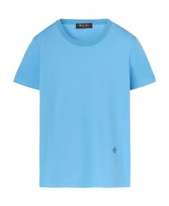 여자 T 셔츠 여름 로로 피아나면 스트라이프 둥근 목 짧은 슬리브 티셔츠 블루