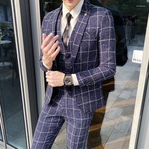 Mäns kostymer 2023 Fashion Leisure Boutique Business Plaid Slim Suit 3 PCS Set / Man Linen Striped Dress Blazers Jacket Pants Vest