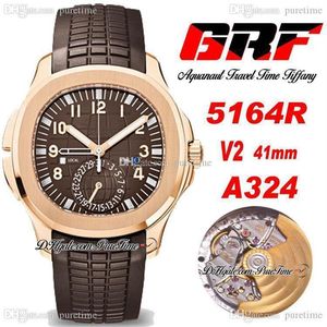 GRF V2 Czas podróży 5164R GMT PP324CS A3234 Automatyczne męskie zegarek Rose Gold Brown Teksturowany numer Wybór Znacznik Gumowy Pasek WAT2211