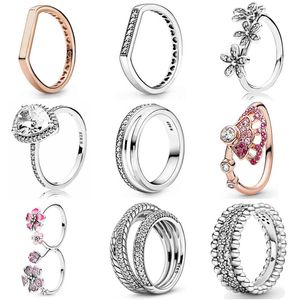 Neuer Ring aus 925er-Sterlingsilber, stapelbar, mit dreifachen Perlen, Pavé-Band, strahlender, tropfenförmiger rosafarbener Fächer für Damen-Pandora-Schmuck