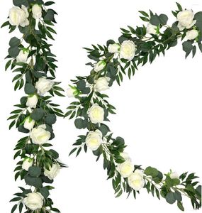 Dekorative Blumen, 2 Packungen künstliche Eukalyptus-Girlande aus Kunstseide mit weißen Rosen, Weidenreben, Zweigen, Blättern, Grün