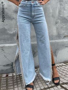 Mäns jeans Apprabant Casual Fashion Blue Baggy Women Vintage Tassels Split High midje denim Byxor Streetwear Sexiga raka byxor 230727