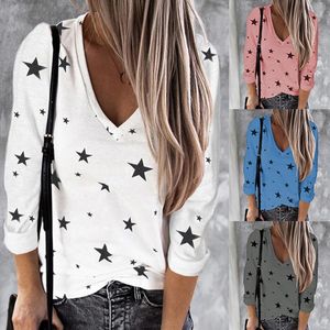 Kobiety damskie bluzki Kobiety cyfrowe gwiazdy Drukuj Tshirt Fashion Casual Vneck Long Rleeve Top Bluzka 230726