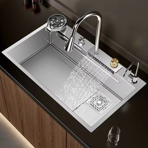 Gümüş nano mutfak lavabo 304 paslanmaz çelik lavabo şelale musluk büyük tek çukur çok fonksiyonlu sebze yıkama havzası