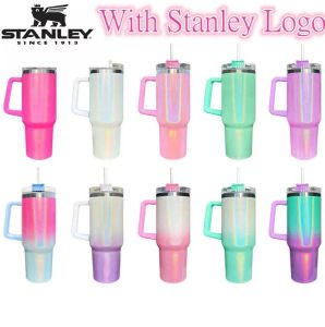 With Logo Stanley 40oz Mug Tumbler With Handle Insulated Gradient GlitterTumblers Lids Straw Stainless Steel Coffee Termos Cup Outdoor 201