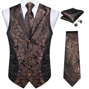 MENS Västar Luxury Brown Silk Suit Vest For Men Wedding Dress Up Formal Waistcoat Neck Tie Handkakor Manschettknappar Fashion Gilet 230726