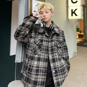 Mäns jackor Autumn Korean Plaid Jacket Män Lossa Fashion Women's Long Sleeved Shirt Woolen Hip Hop Man Par Coat 2023 S 230726