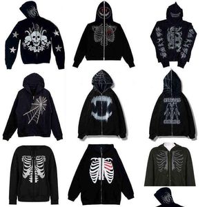 Moletons masculinos com strass teia de aranha impressão de esqueleto preto Y2K Goth manga longa Fl Zip jaqueta grande americana F Dhmrl