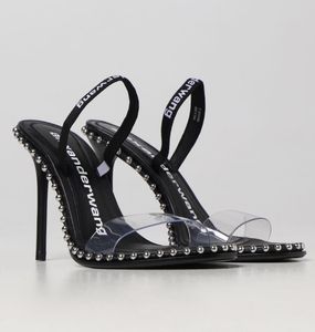 Klänningskor topp lyx Nima kvinnor sandaler svart fläck pvc klackar julie lady stiletto häl kristallskuren fest gladiator sandalier eu35-40 med låda