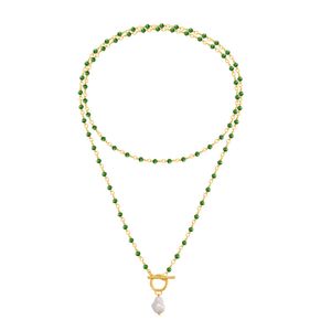 designer necklace Emerald crystal beaded long multi-layer chain copper plated 18K real gold necklace irregular pendant shell bead necklace