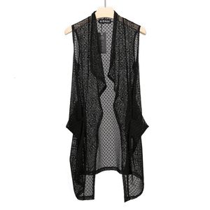 Мужские жилеты 2023 Summer Hollow Out Long Vest Street Casual Randeveless Jupet Mens Fashion Korean Vintage Cloak Cardigan 230727