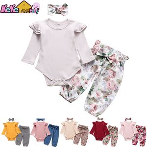 Conjuntos de roupas de outono roupas de bebê menina moda roupas de criança manga longa tops calças de flores bandana bonito 3 pçs nascido infantil 230728