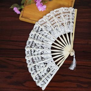 Chinese Style Products Vintage Handmade Folding Fan Lace Embroidered Bamboo Wood Wedding Party Hand Held Dance Fan Home Decoration Art Craft Gift