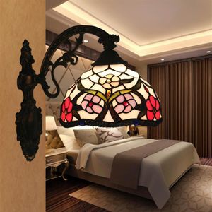 Tiffany Cam Gölge Vintage Led Duvar Lambası Barok Avrupa Salon Yatak Odası Duvar Sconce Işıkları Çiçekler Desen Aplike Murale 235K