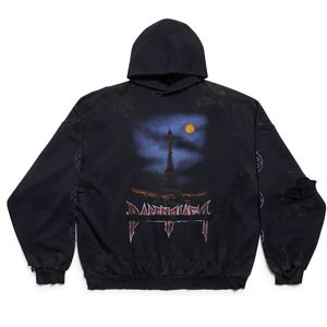 Mens Paris Moon No Pocket Hoodie негабаритный в черном выцветшем негабаритном фигур