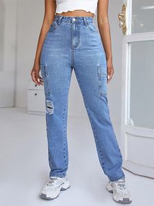 Jeans Feminino Azul Rasgado Feminino Casual Com Bolsos Cintura Alta Buraco Reto Streetwear Calças Denim Senhora Cor Sólida