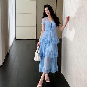 New-S-Elf-Portrait Blue Chiffon Tiered Midi Dress v Neckment Smeeve Dress for Women