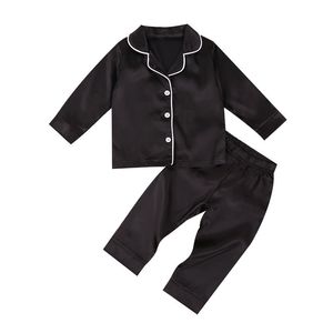 Pajamas Baby Boy Black Satin Silk Pajama Sets Sleepwear Long Sleeve Top Pants 17Y Toddler Kids Children Summer Fall Casual Nightshirt 230728