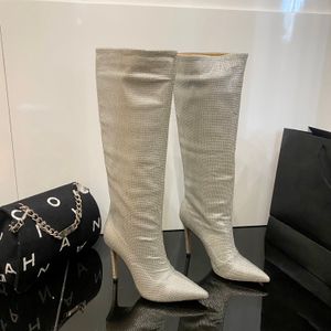 Tryck på borrhöga stövlar 105mm cusp tå stiletthäl tall boot lyxdesigners sko för kvinnor fabrikskor med låda