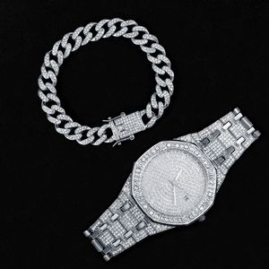 Wristwatches Iced Out Watch Bracelet for Women Mens Big Gold Cuban Chain Hip Hop Jewelry Set Men Miami 230727