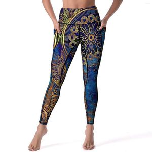 Active Pants Blue Gold Mandala Leggings Celestial Steampunk Graphic Yoga Push Up Workout Legging Kawaii Stretchy Sports Tights
