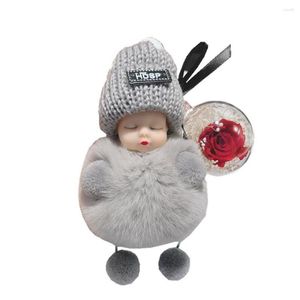 Keychains Real Fur Pompon Keyring Cute Baby Doll Plush Car Key Chain Korean Female Gift Schoolbag Pendant Diy