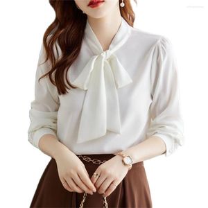 Kvinnors blusar vita kvinnor eleganta kontor damer formella 2023 i kvinnlig mode långärmad bowknot krage topp blazer skjorta