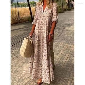 Casual Dresses Boho Maxi Dress Women Summer V Neck High midja Loose Long Geometric Printed Vintage Holiday Beach Female Vestidos