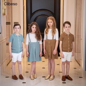 Family Matching Outfits Brother Sister Clothes Summer Boys Girls Knitted Outfit Teenagers Thin Polo Shirt Cardigan Teens Skirts Baby Short 230728