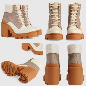 Autumn and Winter New Women's Round Head Old Flower Thick Heel High Heel Boots Printed Lace up Thick High Heel and Lace Leather Ankle Boots Martin Boots