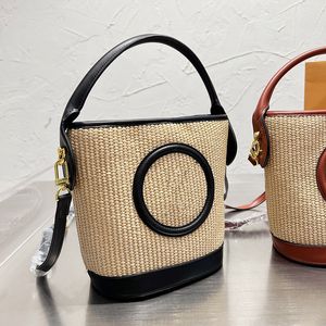 Designväska mode virkning halm strand hink lyx rese handväska halmpåsar riktiga läder shopping handväska plånbok totes axel handväskor toppkvalitet designväskor
