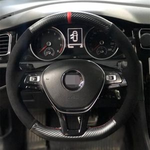 車のステアリングホイールカバーカーボンファイバーレザーフォルクスワーゲンVWゴルフ7 MK7トゥーランアップ新しいポロジェッタパサットB8 Tiguan246J