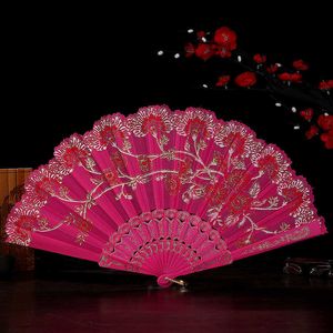 Produtos estilo chinês colorido pó dourado impresso tecido dobrável ventilador senhoras dança prop festa de casamento presente fã