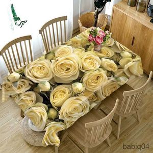 Bord trasa 3D -bordduk gul rosmönster Vattentät matbord täcker bröllopsfest rektangulär bordduk hem kök dekoration r230726