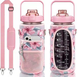 Water Bottles 2L 64OZ Bottle Set Large Capacity Motivational with Straw and Sleeve Outdoor Sport Drinkware Gift 230727