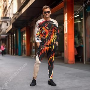 Agasalhos masculinos 2023 conjunto de calças casuais de manga comprida 3D vintage com estampa de leão masculino moda streetwear roupas de treino