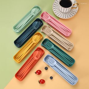 Dinnerware Sets Tableware Spoon Fork Chopsticks Knife Cutlery With Box For Children Adult Travel Portable Wheat Straw