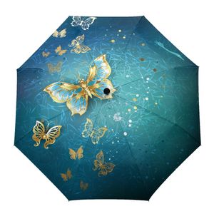 Paraplyer gyllene fjäril vacker konst kreativ paraply regn kvinnor automatiska tre vikta paraplyer vindtät parasol parapluie 230727