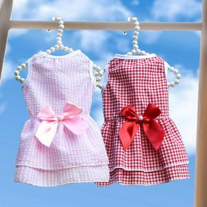 Dog Apparel Skirt Bow Dress Wedding Spring Summer And Autumn Plaid Pet Cat Clothing Stripe Bomei