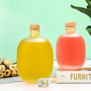 Water Bottles 500ml Glass Spirit Bottle With Wooden Stopper Nordic Style Clear And Frosted Decanter Oval Shaped Brewing Liquor
