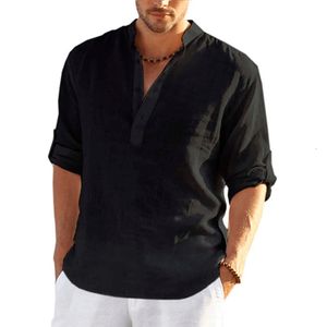 Camisas sociais masculinas T-shirts masculinas de linho de algodão Verão V sem gola Manga comprida Roupa de praia areia sólida Escritório Camiseta masculina Tops BSDFS-ZT167 230727