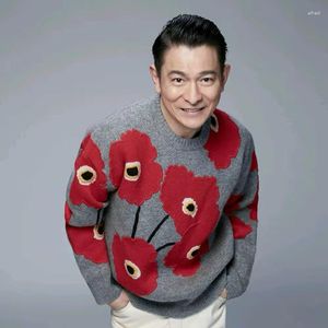 Erkek Sweaters Erkek Kazak Giysileri Çiçekler İşlemeli Yuvarlak Boyun Uzun Kollu Gençlik