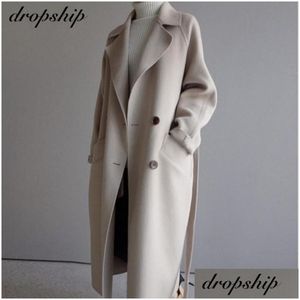 مزيج من الصوف النسائي Winter Winter Beige Blend Women Fashion Fashion Black Long Long Coats عتيقة الحد الأدنى من الصوف