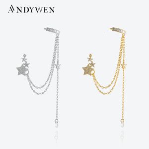 Ear Cuff Andywen 925 Sterling Silver Long Chain Star Earcuff Women Long Piercing Earring Ryssland Crystal Luxury Fine Jewelry Wedding 230728