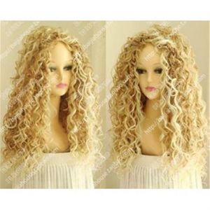 Fashion Women Yellow Afro Curly Medium Synthetic Hair Cosplay Party Full Wig2822