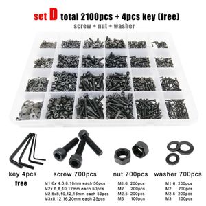 Verktygsdelar 400 2100 st m1.6 m2 m2.5 m3 m4 m5 svart klass 12.9 stål hexagon hex socket cap huvudskruv bultmutter brickor set sortiment kit låda 230727