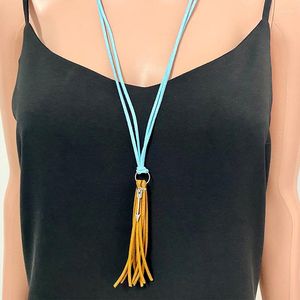 Подвесные ожерелья 2 слоя бархатная веревка длинная кожаная кисточка металлические перо подсолнечные ожерелье для женщин -свитер -цепь бохо