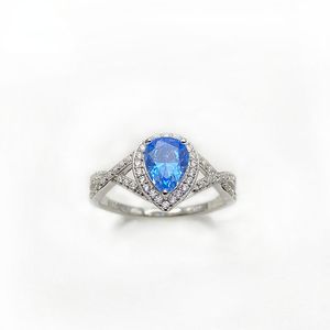 Nuovo anello di goccia d'acqua blu mare con diamante pieno in argento sterling S925 Anello di fidanzamento da donna per gioielli di moda europei e americani