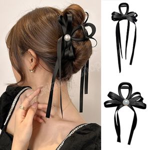 Fashion Women Bow Pearl Hair Claw Clips Ribbon Barrettes Vintage Girls Bowknot Hairpins Headwear Hairstyle Long Tassel