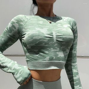 Camicie attive T-shirt sportiva senza schienale sexy Camouflage Slim Slimming Net Red Running Yoga Top Asciugatura rapida Maniche lunghe Fitness Vestiti attillati